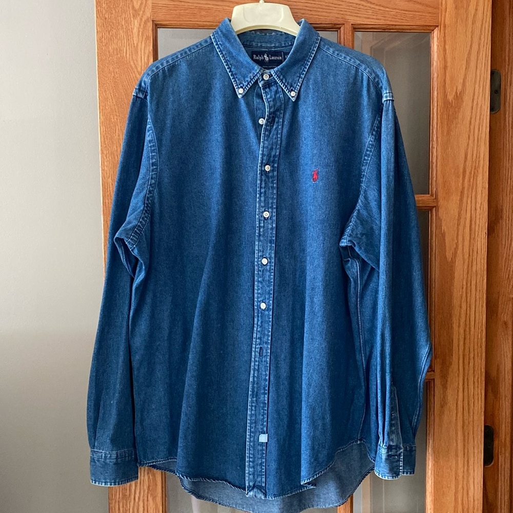 Ralph Lauren Men's Denim Button-Down Shirt in Dark Blue with Red Pony